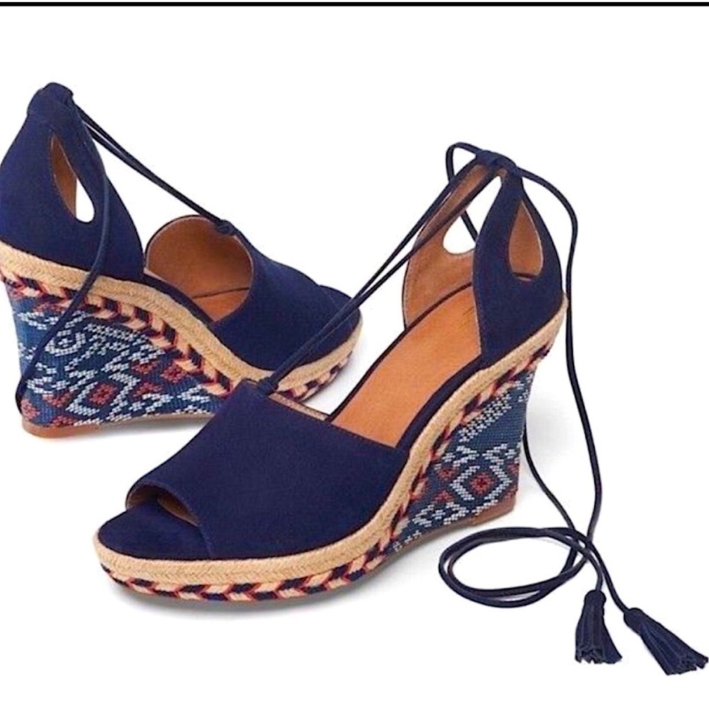 CABI Navy Blue Suede Coral ISLA Espadrille Wedge Sandal women’s 6M Boho tassels